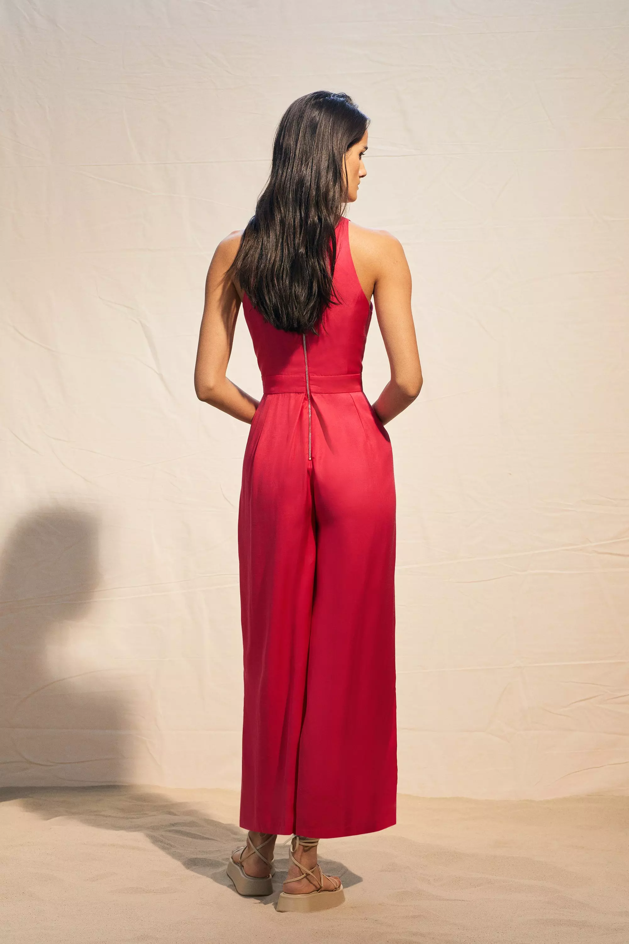 Tall Premium Linen Viscose Belted Halter Woven Jumpsuit | Karen Millen